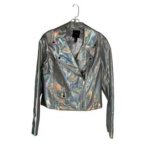 Forever 21 Silver Holographic Moto Jacket Iridescent‎ Metallic Festival Large